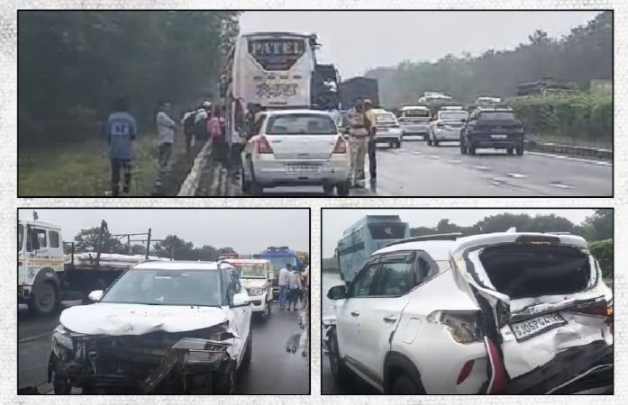 અમદાવાદમાં ટ્રિપલ અકસ્માતમાં 3ના મોત: કાર-લક્ઝરીની ટક્કર બાદ પાછળની અન્ય ટ્રકે મુસાફરોને કચડ્યા